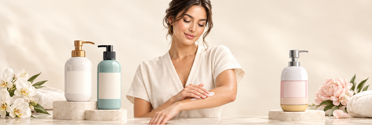 Body Care collection banner with a centered woman applying lotion and product bottles on both sides