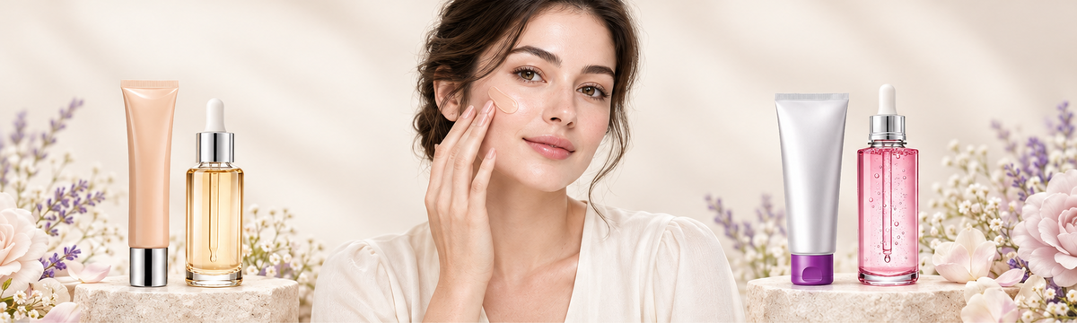 Fair Skin collection banner with a centered woman applying BB cream and collection products on both sides