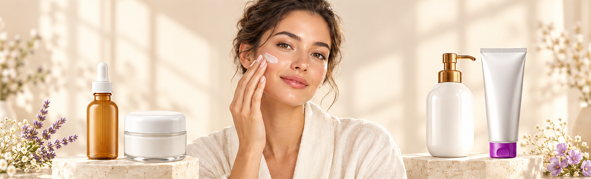 Morning Routine banner with a centered woman applying moisturizer and collection products on both sides