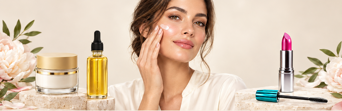 Beauty Favorites banner with a centered woman applying cream and collection products on both sides