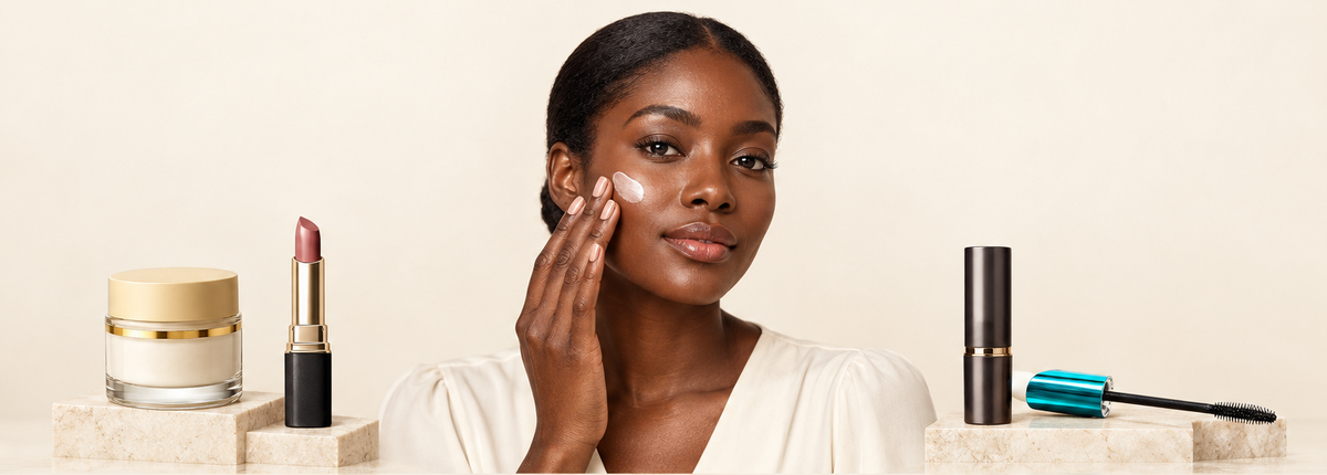 Dark Skin collection banner with a centered woman applying moisturizer and collection products on both sides