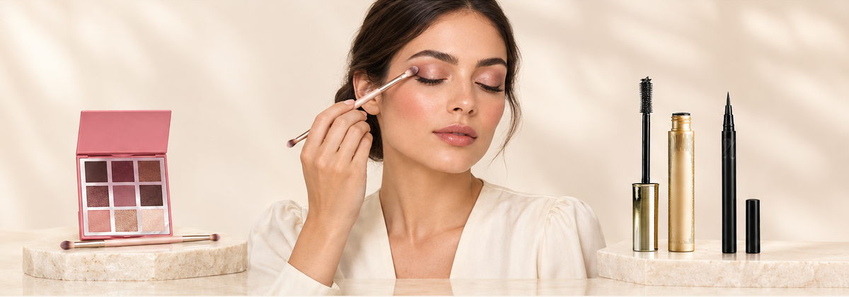 Eye Glam collection banner with a centered woman applying eyeshadow and eye makeup products on both sides