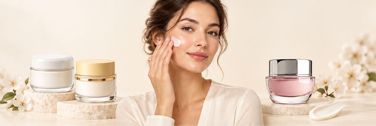 Face Cream collection banner with a centered woman applying cream and product jars on both sides