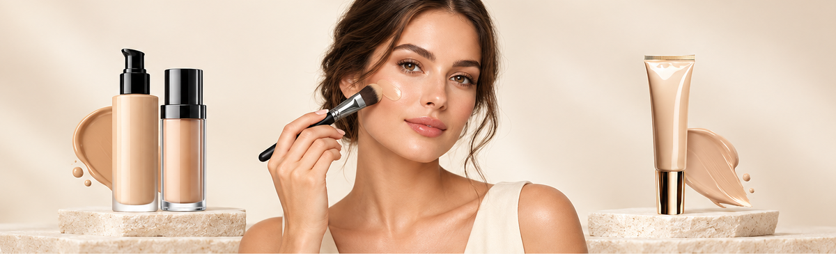 Foundation collection banner with a centered woman applying makeup and product packaging on both sides