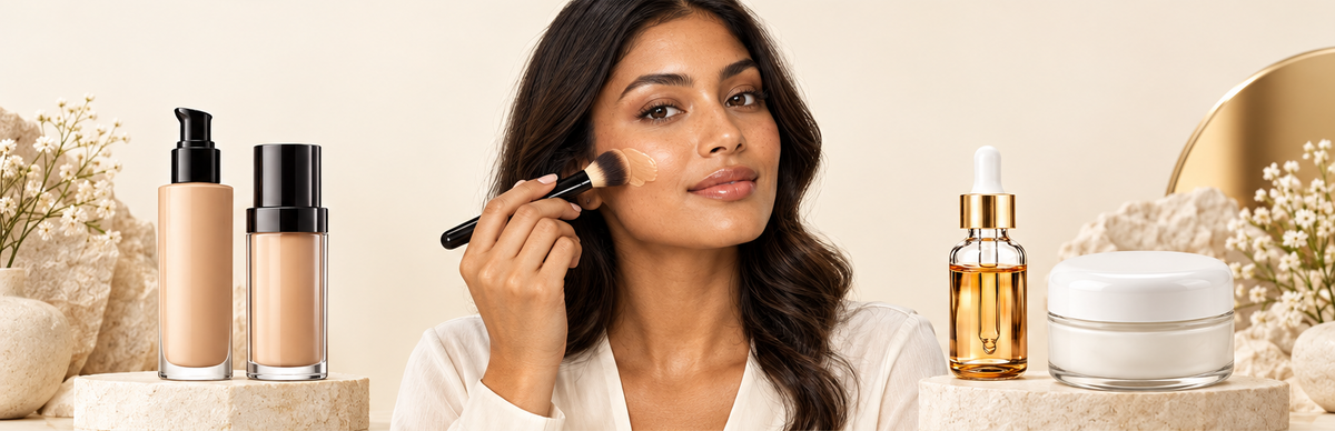 Medium Skin collection banner with a centered woman applying foundation and collection products on both sides