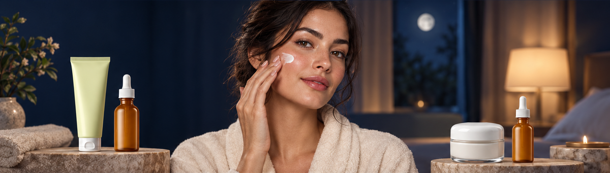 Night Routine collection banner with a centered woman applying skincare and products on both sides