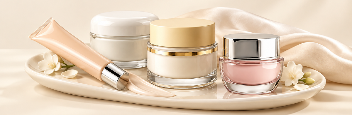 Product-only face collection banner in ivory and gold with cream jars and BB cream