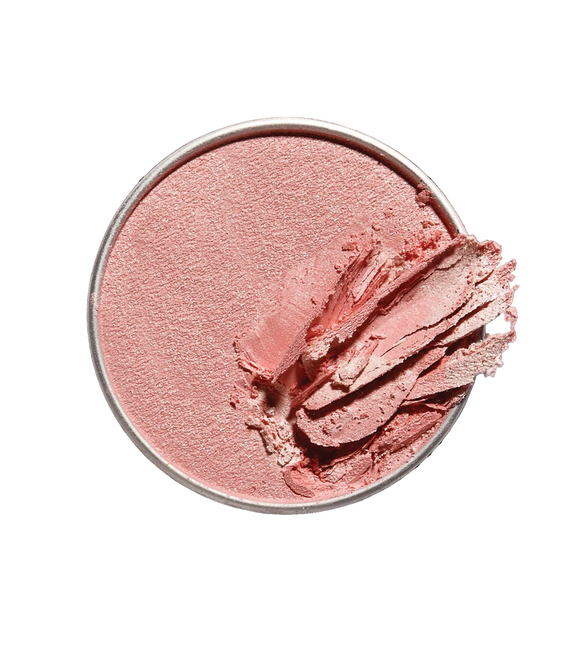 Petal Shimmer Blush open pan with rose pink shimmer powder and swatch