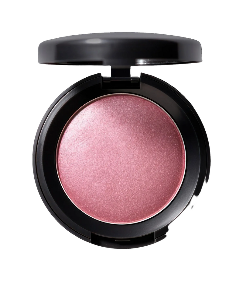 Rose Glow Baked Blush open matte black compact with shimmery rose-pink powder